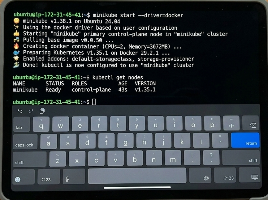 minikube running on an iPad via SSH to EC2