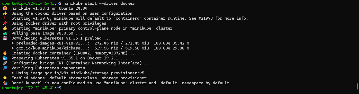 minikube start output on EC2